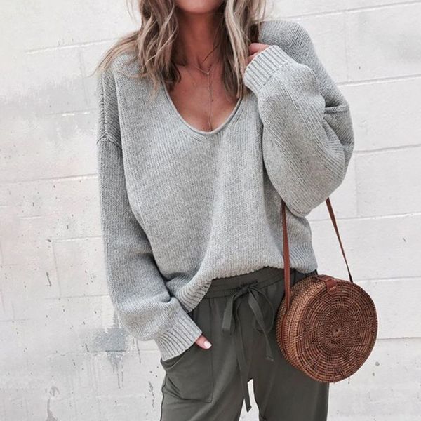 

loose autumn winter shopping solid street long sleeve daily outwear kintting fashion v neck women sweater soft casual, White;black