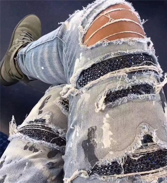 

skinny fit sequin patched denim jeans distressed stretch biker jeans kanye west knee slit paint splatter high quality, Blue