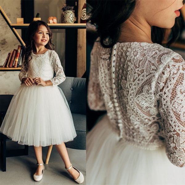 

2020 elegant flower girls dresses appliqued lace jewel long sleeve girl pageant dress knee-length ruffle button tulle sell party gown, White;blue