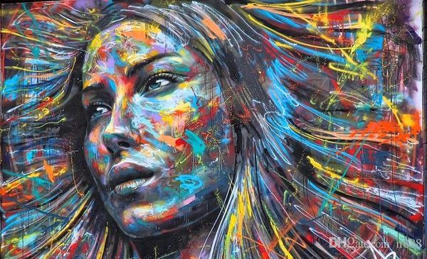 

graffiti girl rainbow hair face handpainted & hd print street pop art oil painting wall art on canvas.multi sizes p193 200313