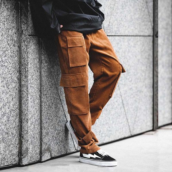 

spring and summer 2020 new men's casual solid streetwear pants overalls multi-pocket loose waist trousers men, Black