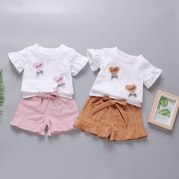 

summer infant clothing for baby girls clothes set newborn baby girls clothes bow-knot t-shirt pants outfits suit costume, White
