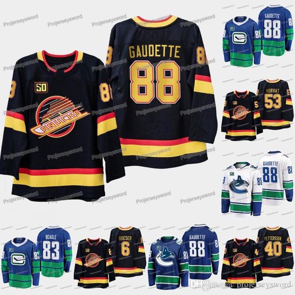 

Vancouver Canucks 50th Anniversary 83 Jay Beagle 88 Adam Gaudette 53 Bo Horvat 40 Elias Pettersson 6 Brock Boeser Mens Lady Youth Jerseys