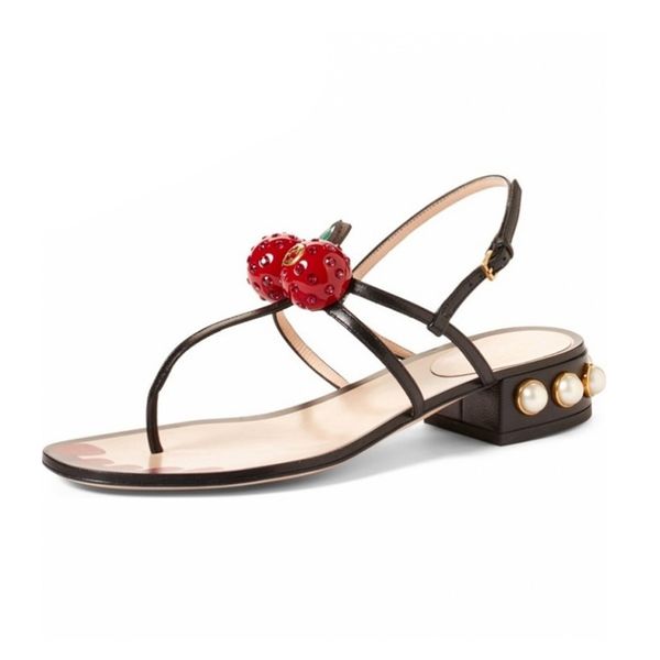 

cute girl flip flops quality leather lady flip flop sandals red cherry flat thongs sandals, Black