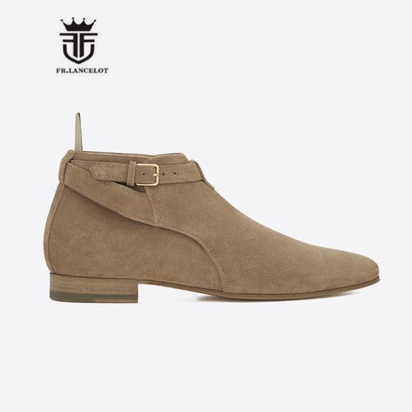 

genuine leather handmade buckle strap suede jupdur men ankle boots ponited toe suede gentleman dress shoes, Black