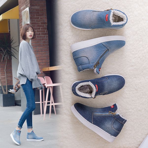 

winter shoes women denim snow boots platform warm fleeces classic high round toe flat casual shoes sneakers zapatos de mujer mx200324, Black