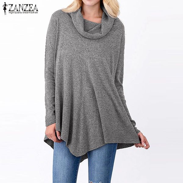 

zanzea women's blouse casual turtleneck shirts 2019 fashion asymmetrical hem pullovers blusas femininas chemiser mujer 5xl, White