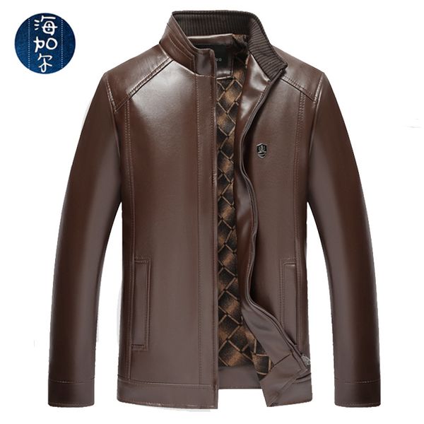 

2019 selling middle-aged leather coat stand collar leather coat men's brushed and thick warm wandering peddler, Black