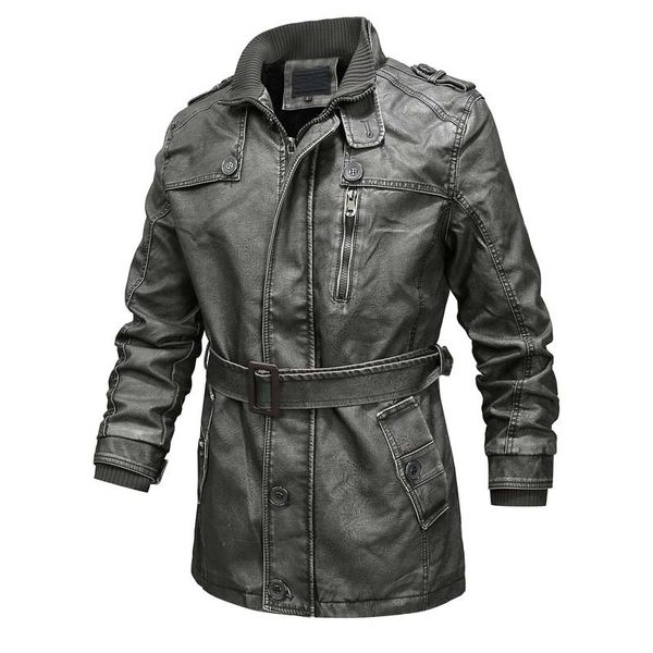 

kiovno men winter pu leather long jackets with leather belt motorcycle faux jacket outwear for male size m-4xl windbreak, Black
