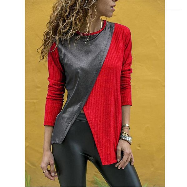 

clothes designer leather panelled womens tshirt fashion long sleeves split spring and autumn ladies casual, White