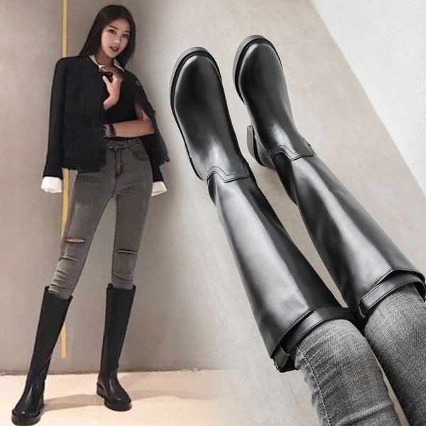 

knee high boots women motorcycle shoes knight ride botas mujer belt strap plush snow boots female big size winter booties, Black