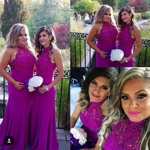 

purple mermaid lace bridesmaid dresses beaded halter country maid of honor gowns floor length sleeveless wedding guest dress, White;pink