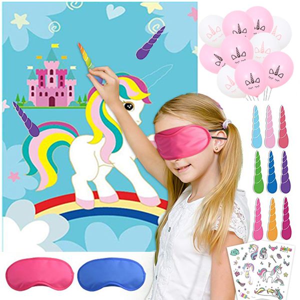 

cute children kids party decoration supplier cartoon unicorn pin game set 1pcs unicorn poster+ 12 horns +1 blindfolds