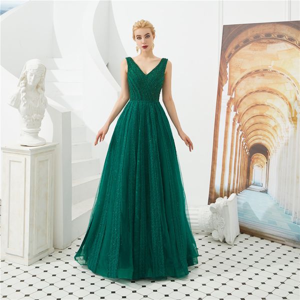

2020 new v-neck crystal a-line party gowns with lace lace up floor-length plus size formal evening celebrity dresses be81, Black;red