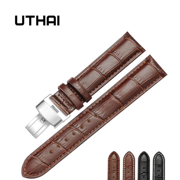 

uthai b05 18/20/22/24mm watch strap foldable clasp wristband watch leather strap 22mm band calf leather watchbands, Black;brown