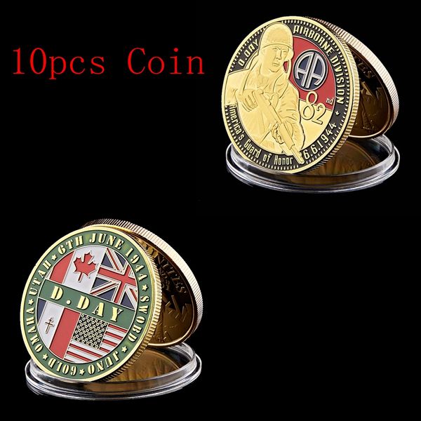 

10pcs gold plated coin 944.6.6 d-day us 82nd airborne division gold military challenge souvenir coins