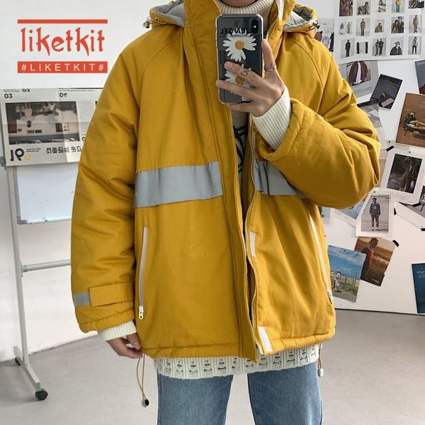 

liketkit 2019 winter coat men solid color reflective sequins hooded jackets hip hop parkas mens casual oversized thick overcoat, Black