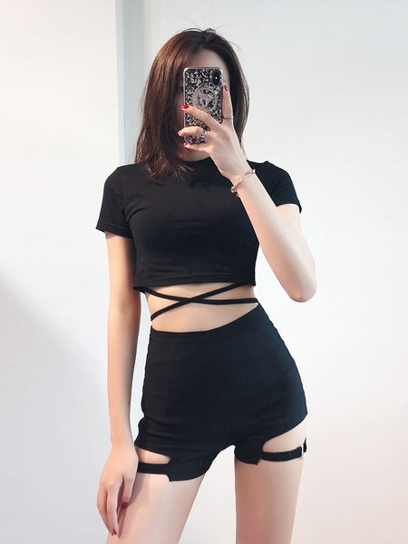 

2019 summer leg ring design high waist tight shorts slim shorts, White;black