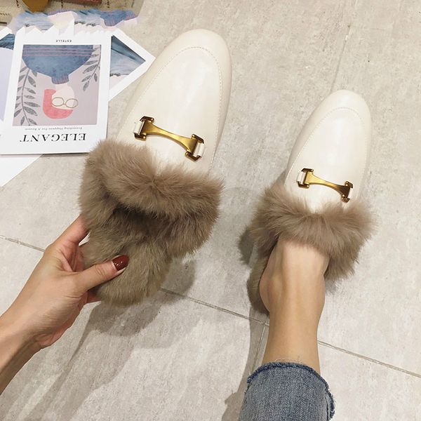 

2020 cute fluffy cat slippers women flat slippers slip on design fashion rivet t-strap slides slip on loafers shoes, Black