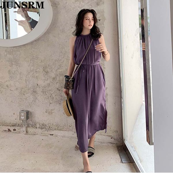 

casual dresses elegant sleeveless purple dress for women vintage split slim waist lace-up summer o-neck loose vestidos 2021, Black;gray
