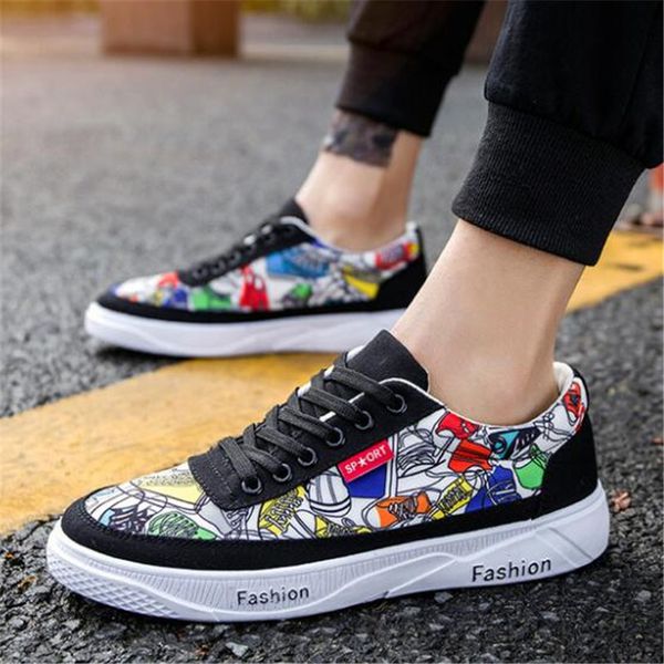 

2019 men casual canvas shoes fashion print sneakers summer trainers leisure shoes men's flats slip chaussures pour hommes, Black