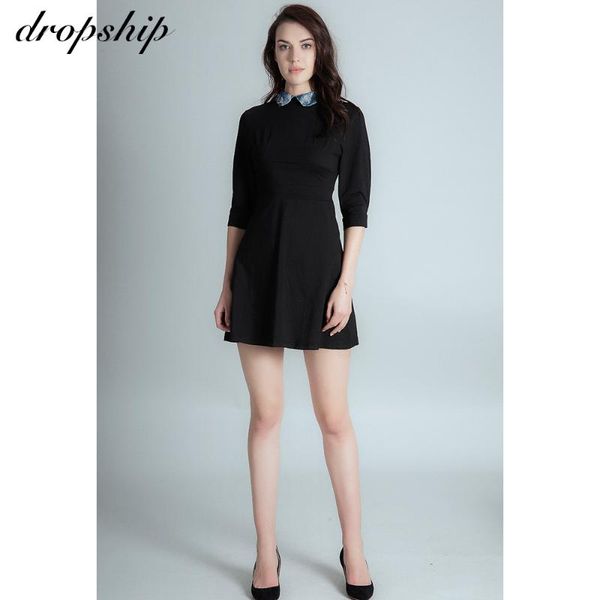 

dropship 2020 turn-down office dress women elegant autumn winter dress female slim a-line basic casual half sleeve, White;black
