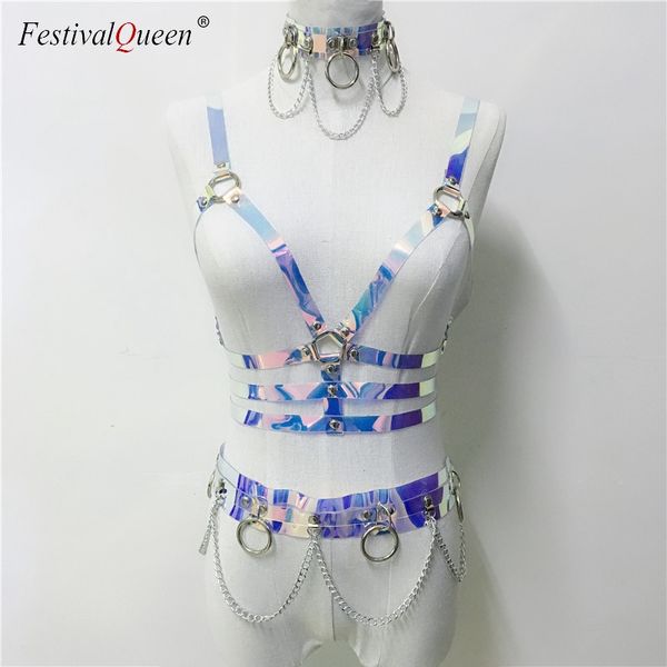

festivalqueen gothic holographic pvc harness garter belt set women collar choker cage body bondage bra garters chain waist belts, Black;white