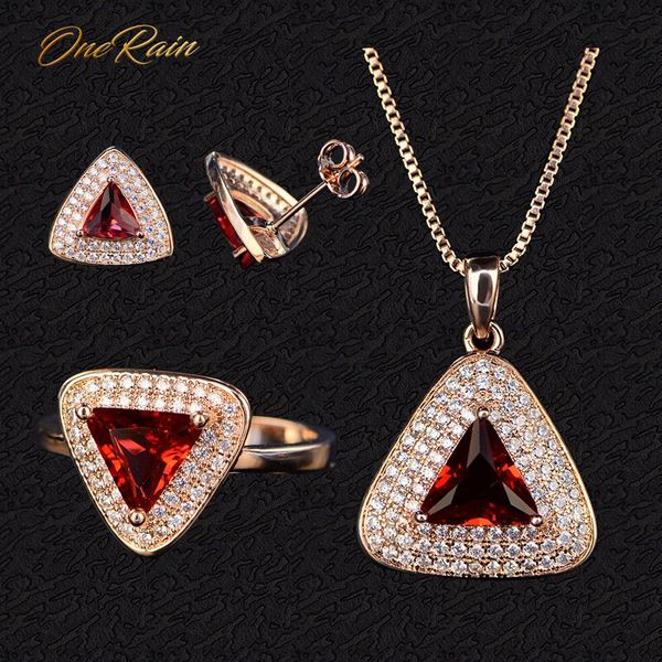 

onerain vintage 100% 925 sterling silver ruby gemstone rose gold plated earrings studs ring necklace jewelry sets wholesale, Black