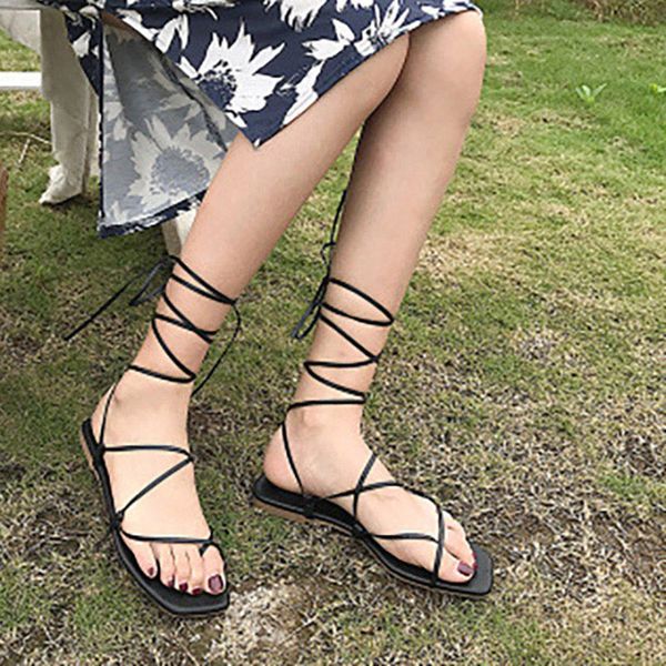 

gladiator women sandals female ankle wrap shoes ladies fashion flip flops flats women's square toe comfortable solid footwear, Black