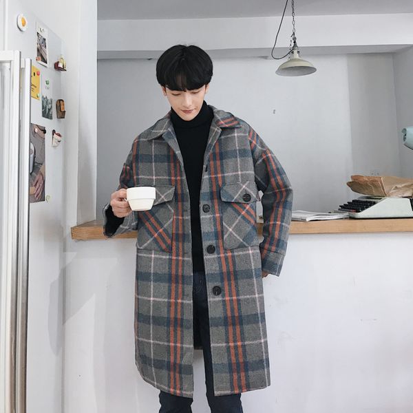 

winter new tartan coat men fashion retro casual long british wind jacket man streetwear loose woolen windbreaker male clothes, Black