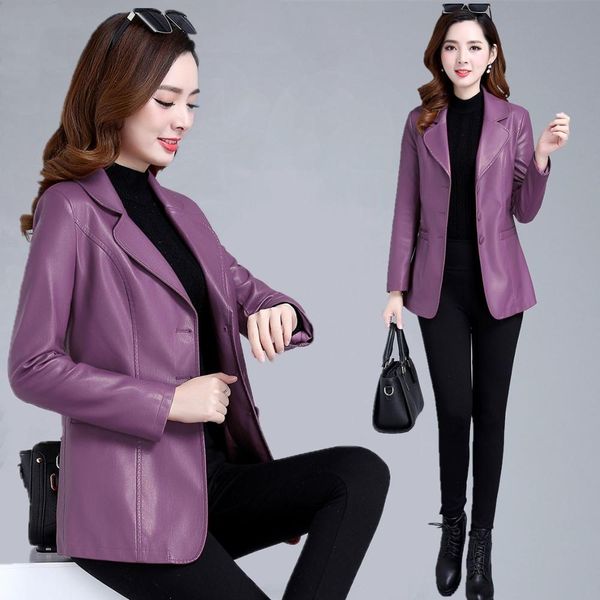 

размер l-5xl куртка женская кожаная одежда женская 2019 новый тонкий длинный весенний и осенний женский pu женский кожаный пиджак женский, Black