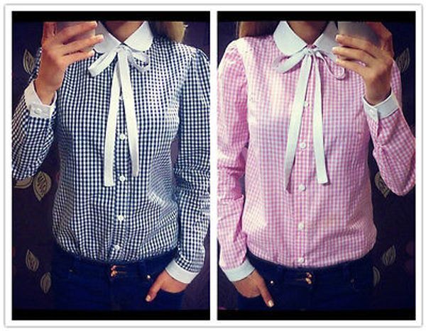 

women fashion blouse shirt sleeve long button bow collar turn-down style xccpf