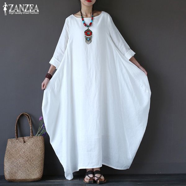 

zanzea 2019 women's sundress vintage linen long dress female beach party maxi dress batwing sleeve baggy vestidos kaftan robe, Black;gray
