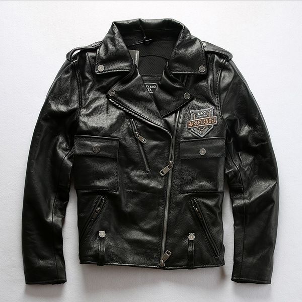 

genuine 2020 fashion leather men slim fit profession motorcycle biker jacket short turn-down collar black cowskin coat
