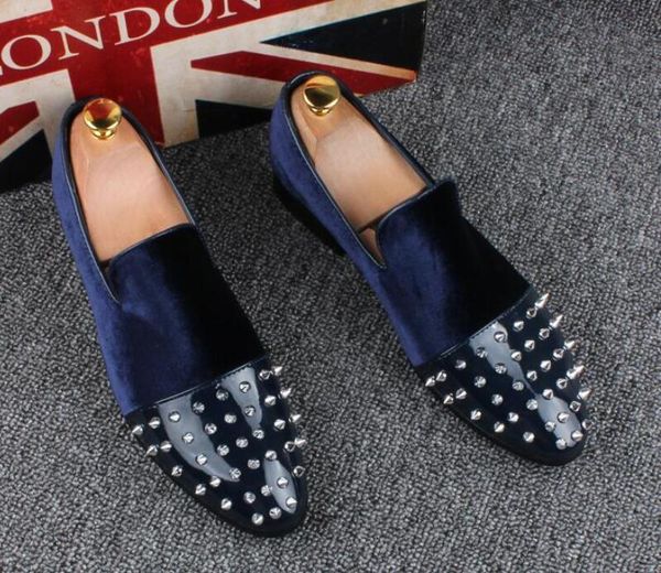 

2019 men's studded rivet spike velvet loafers dress shoes italy mlae homecoming prom party pageant wedding shoes moccasins, Black