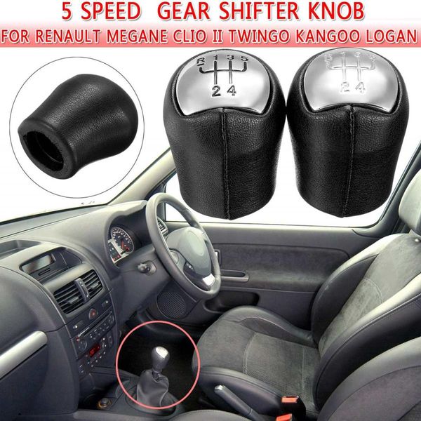 

5 speed car gear shifter knob pu leather gear handball head knob chrome caps for megane clio ii twingo kangoo logan