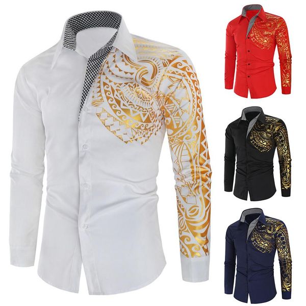 

stylish men stamping totem print turn down collar buttons slim fite shirt top, White;black