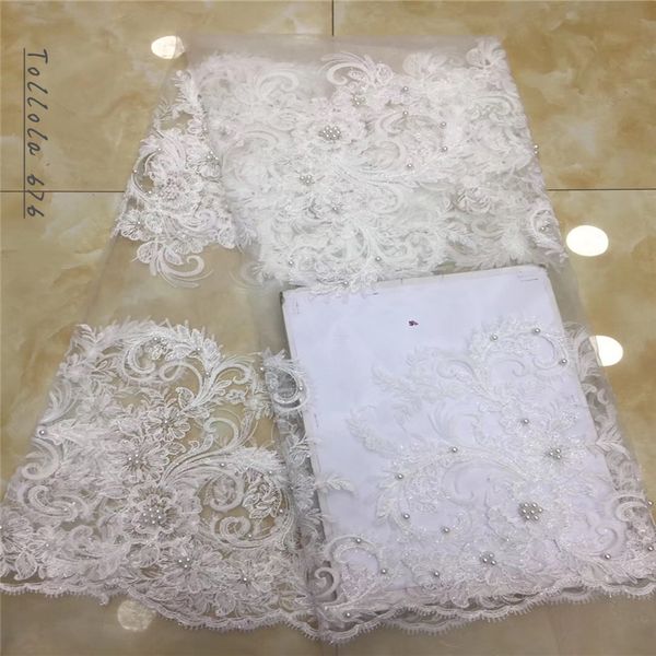 

2019 new style french beads net lace fabric beautiful embroidery african tulle mesh lace fabric for wedding dress, Black;white