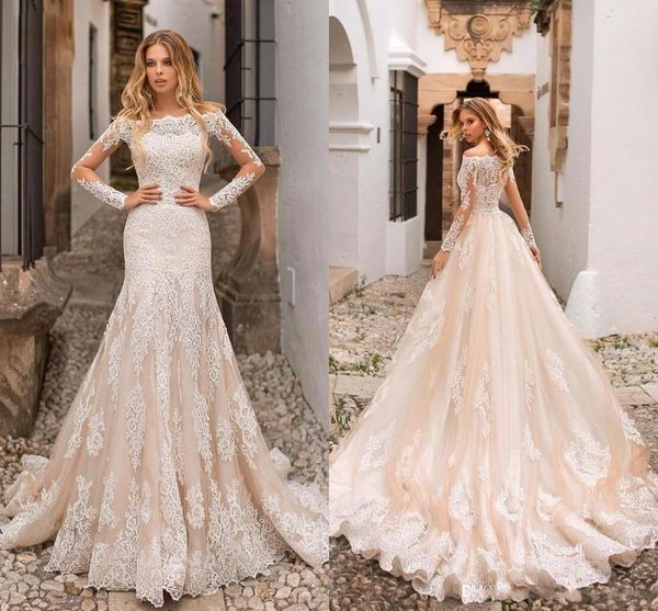 

Beautiful Champagne Mermaid Wedding Dresses Off Shoulders Lace Appliques Sheer Long Sleeves Tulle Long Bridal Gowns