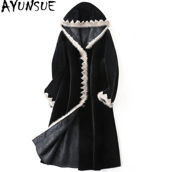 

ayunsue women's fur coat natural trim sheep shearing jacket women 2019 long real wool coats winter jackets hood zzh1830, Black