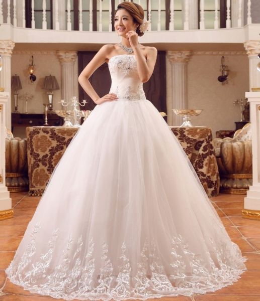 

strapless sleeveless lace ball gown wedding dresses beaded tulle new korean style wedding dress plus size bridal gown, White