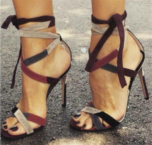 

wine red suede color patchwork gladiator sandals cross strappy lace-up colorized banquet shoes stiletto heels sandals dress shoes, Black