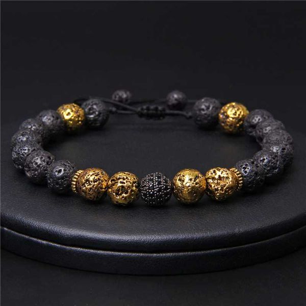 

vintage natural stone black volcanic beads braided bracelet 8mm electroplate lava beaded woven adjustable bracelet jewelry men