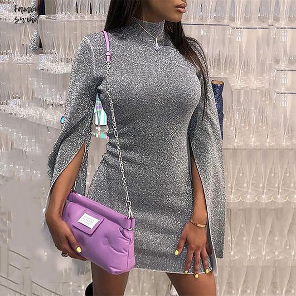 

серебро платья женщины щелевой flare рукав bodycon платье осень shinny мини-платье с блестками платье партии vestiods mujer, Black;gray