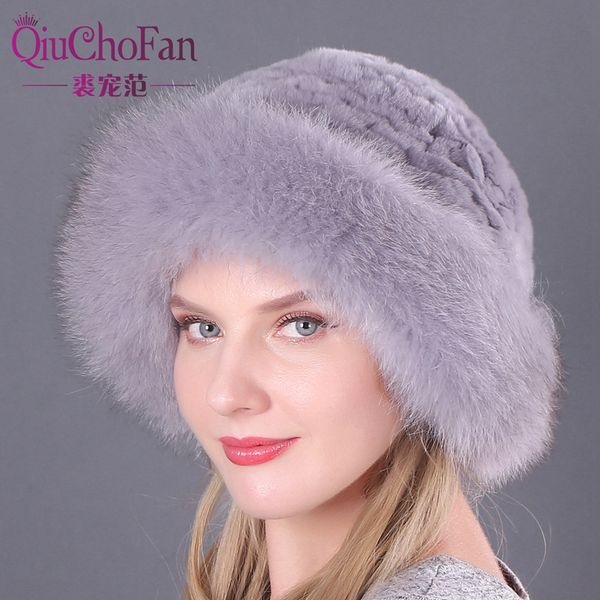 

женская fahion real rex rabbit fur вязаные шапочки top hat real fox fur брим lady папахе твердая зима россии теплая шапка l y200102, Blue;gray