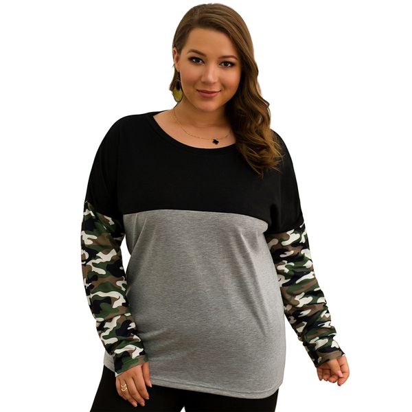 

aygaiyigu women plus size clothing big size ladies patchwork fashion camouflage printing shirts o-neck long sleeve blouses, White