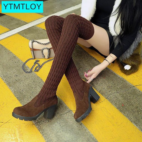 

women's boots 2020 autumn winter thigh high boots for woman shoes knitting wool long boot women brown black boot womans booties