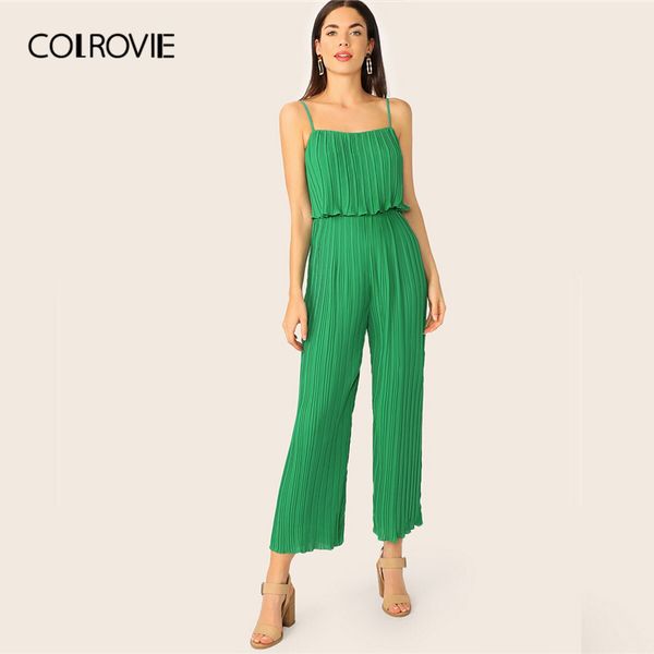 

colrovie green solid foldover bodice pleated cami jumpsuit women 2019 summer boho fashion sleeveless ladies high waist jumpsuit, Black;white