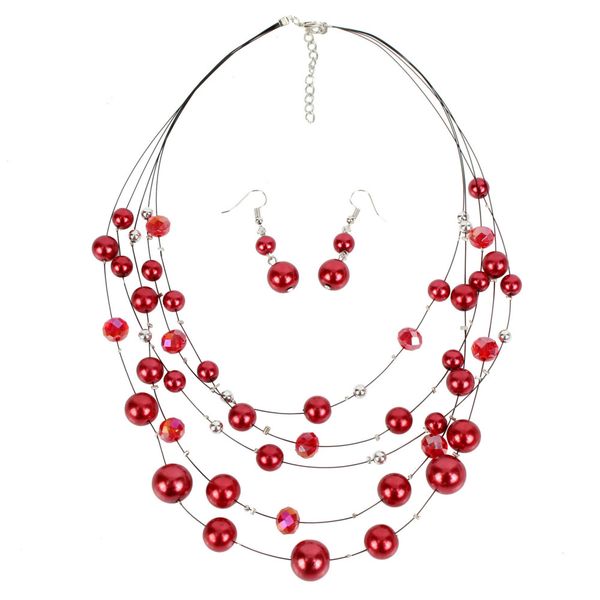 

2019 new bohemian multilayer geometric round pearl chain short necklace earrings for women fashion simple ethnic jewelry sets, Silver