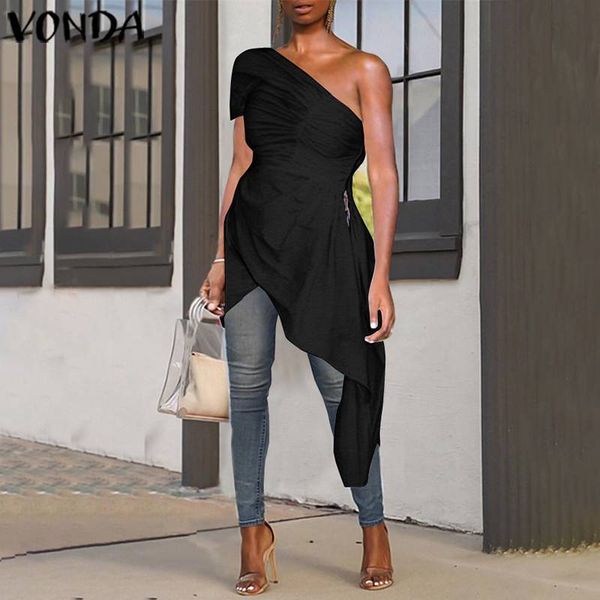 

vonda off shoulder women asymmetrical tunic 2019 summer party shirts casual loose side zip blouse plus size blusas, White